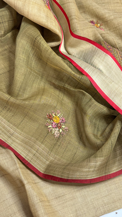 Tissue Linen Saree With Embroidery