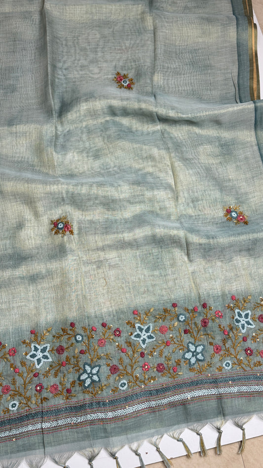 Tissue Linen Saree With Embroidery