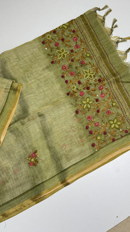 Tissue Linen Saree With Embroidery