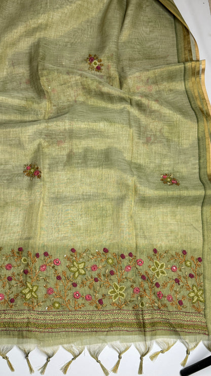 Tissue Linen Saree With Embroidery