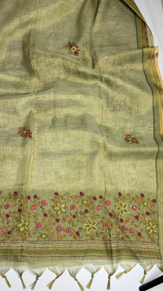 Tissue Linen Saree With Embroidery