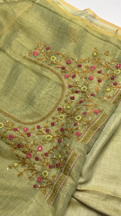 Tissue Linen Saree With Embroidery