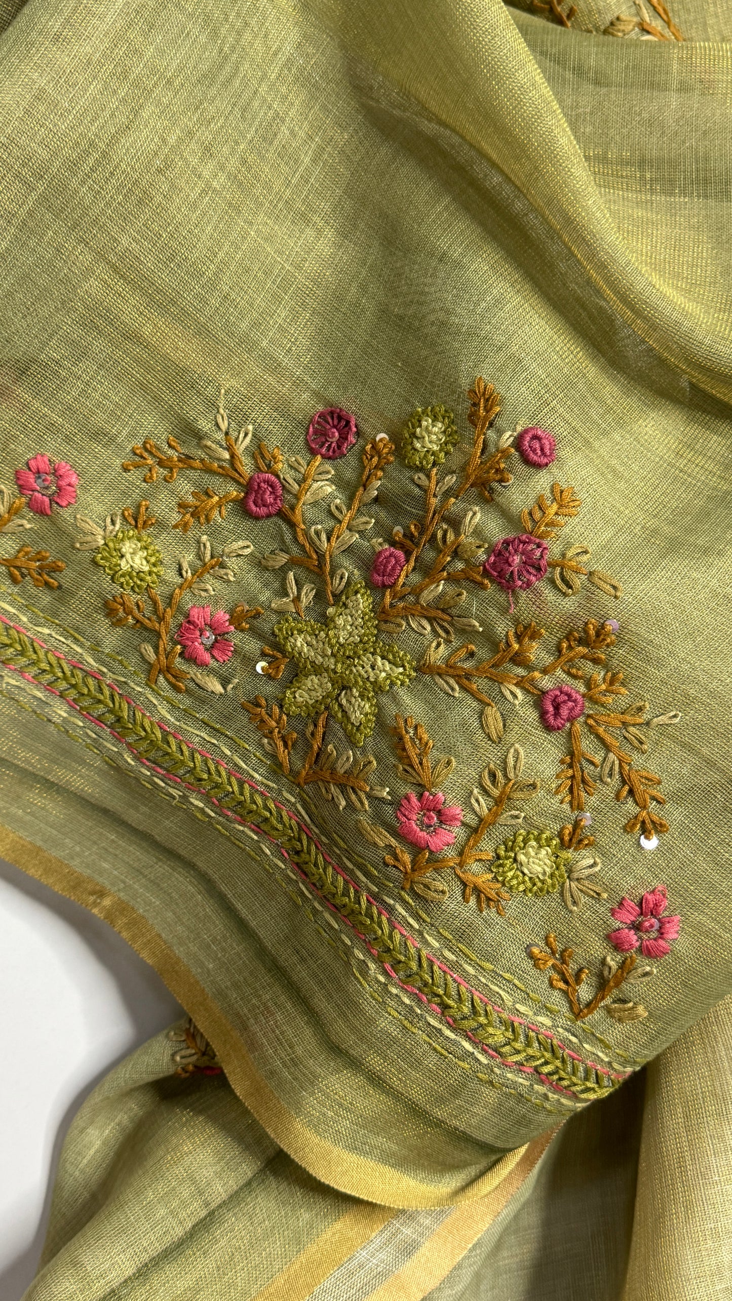 Tissue Linen Saree With Embroidery