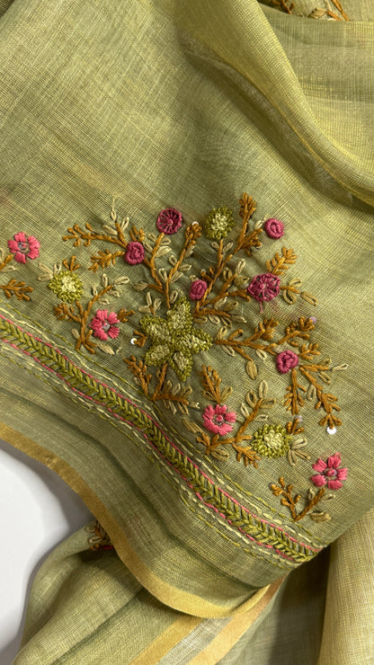 Tissue Linen Saree With Embroidery