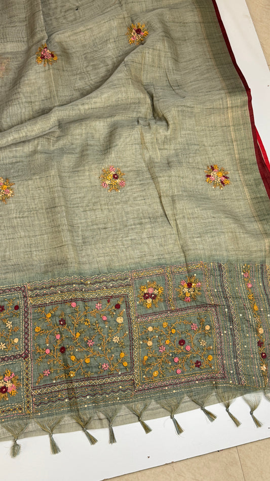 Tissue Linen Saree With Embroidery