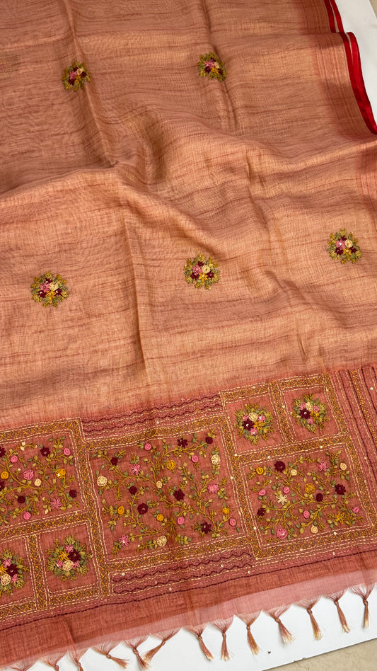 Tissue Linen Saree With Embroidery