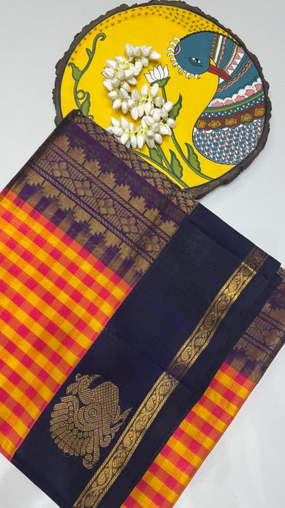 Checks Pure Silk Cotton with Korvai Border